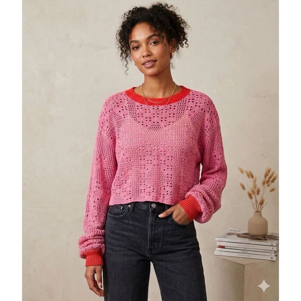 Free People Sweater Womens XS Home Run Cropped Crochet Open Knit retro eclectic